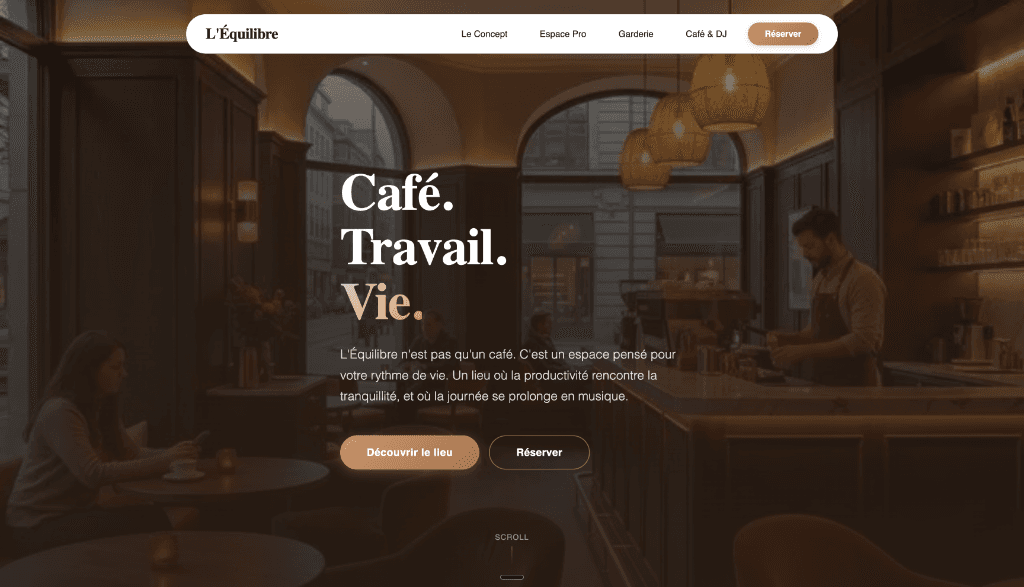 Page d'accueil du site L'Équilibre Café