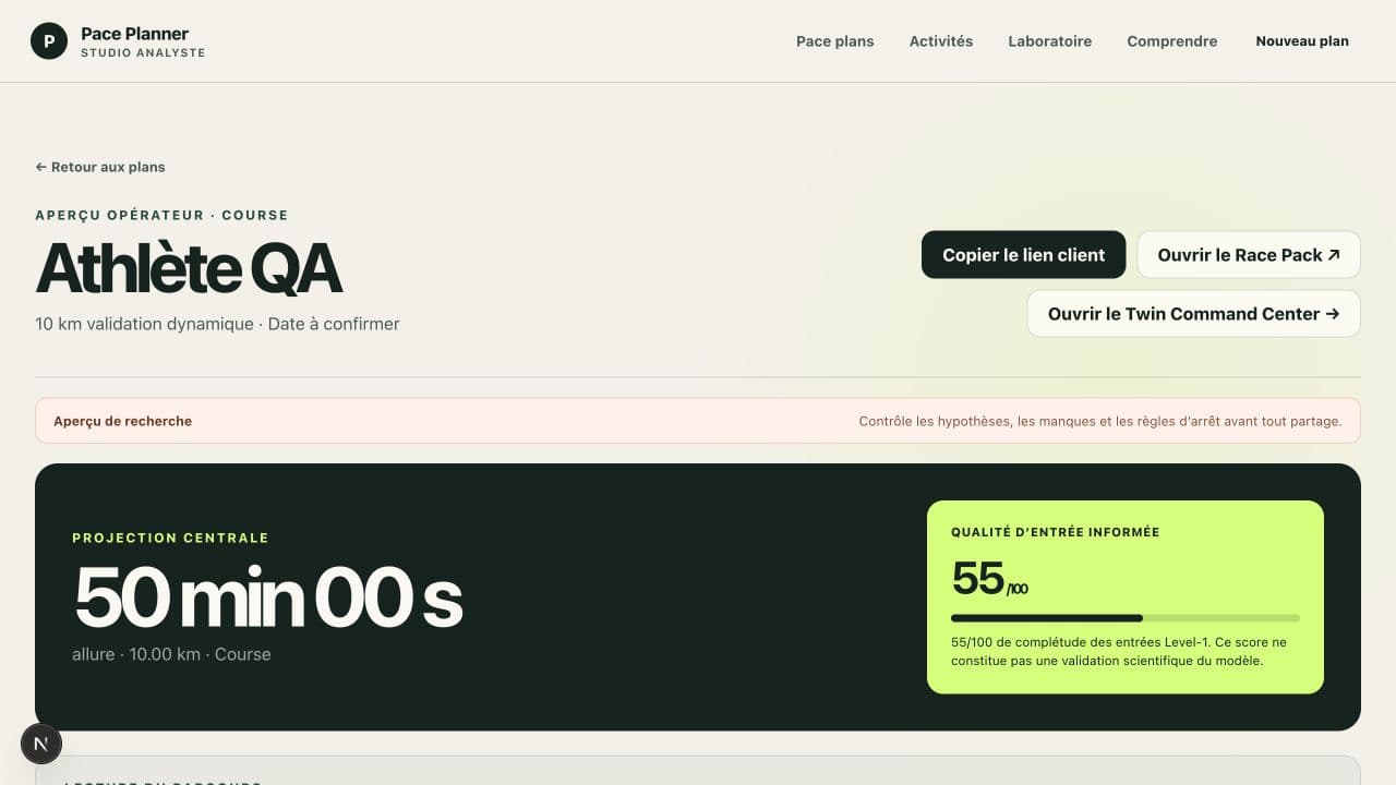 Interface de Pace Planner, outil de planification sportive explicable